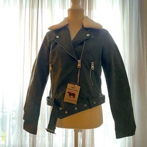 Vegan leather jacket with removable shearling collar.